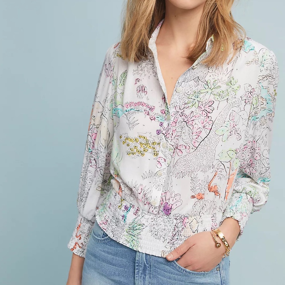 Anthropologie Maeve Blouse Rosa Safari Color by Number Smocked Cropped Button XS